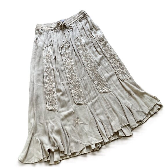 Easy Wear by Empress Maxi Skirt 2pc Set w/Bell Sleeve Blouse Embroidered Beige - Picture 6 of 13